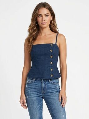 REFORMATION Shell Top Sleeveless Square Neck Denim Button-Accent Top - Navy